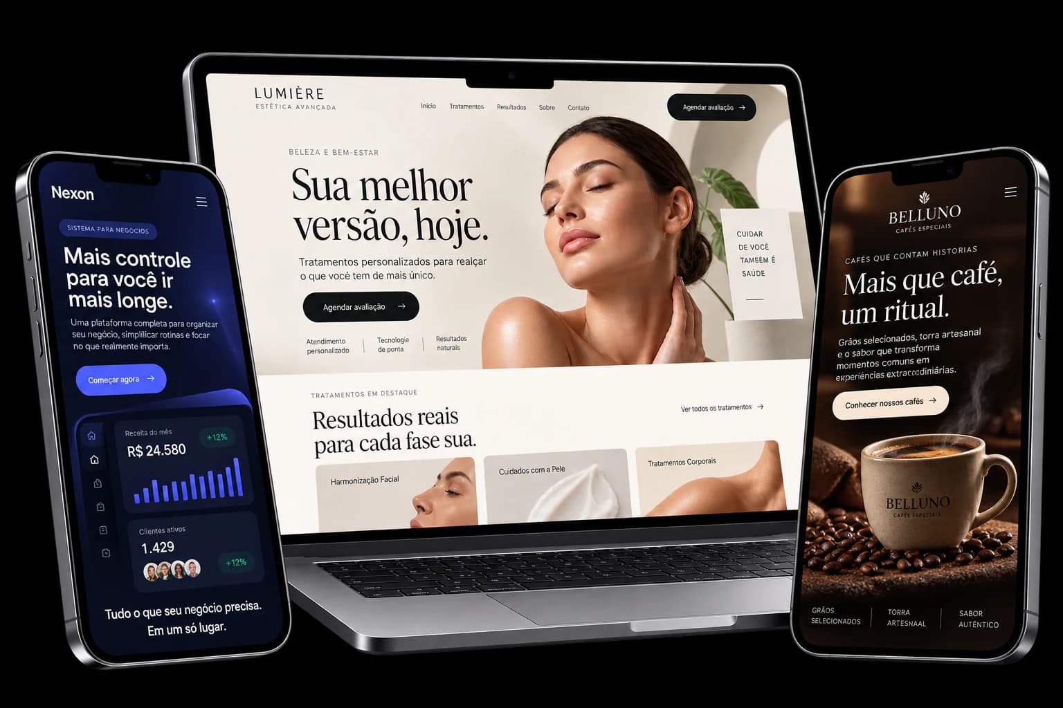 Notebook e dois celulares apresentando os projetos Lumière, Belluno e Nexvault