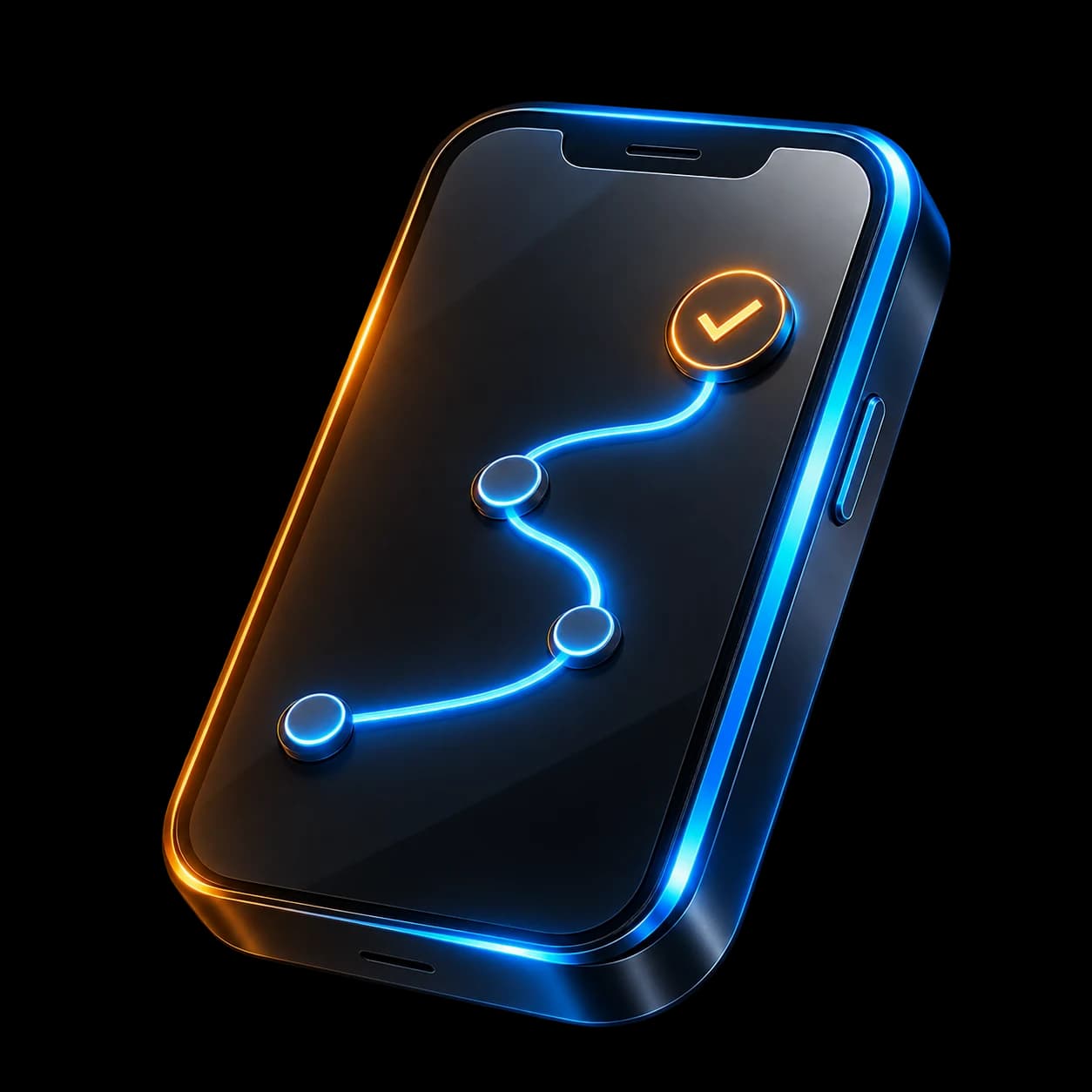 Smartphone tridimensional com uma jornada iluminada até a confirmação