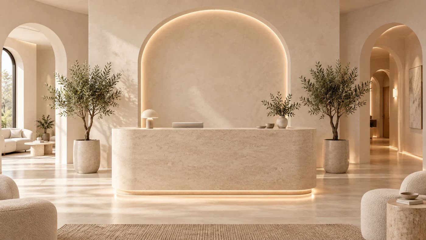 Recepção acolhedora da clínica Lumière em tons de areia e marfim