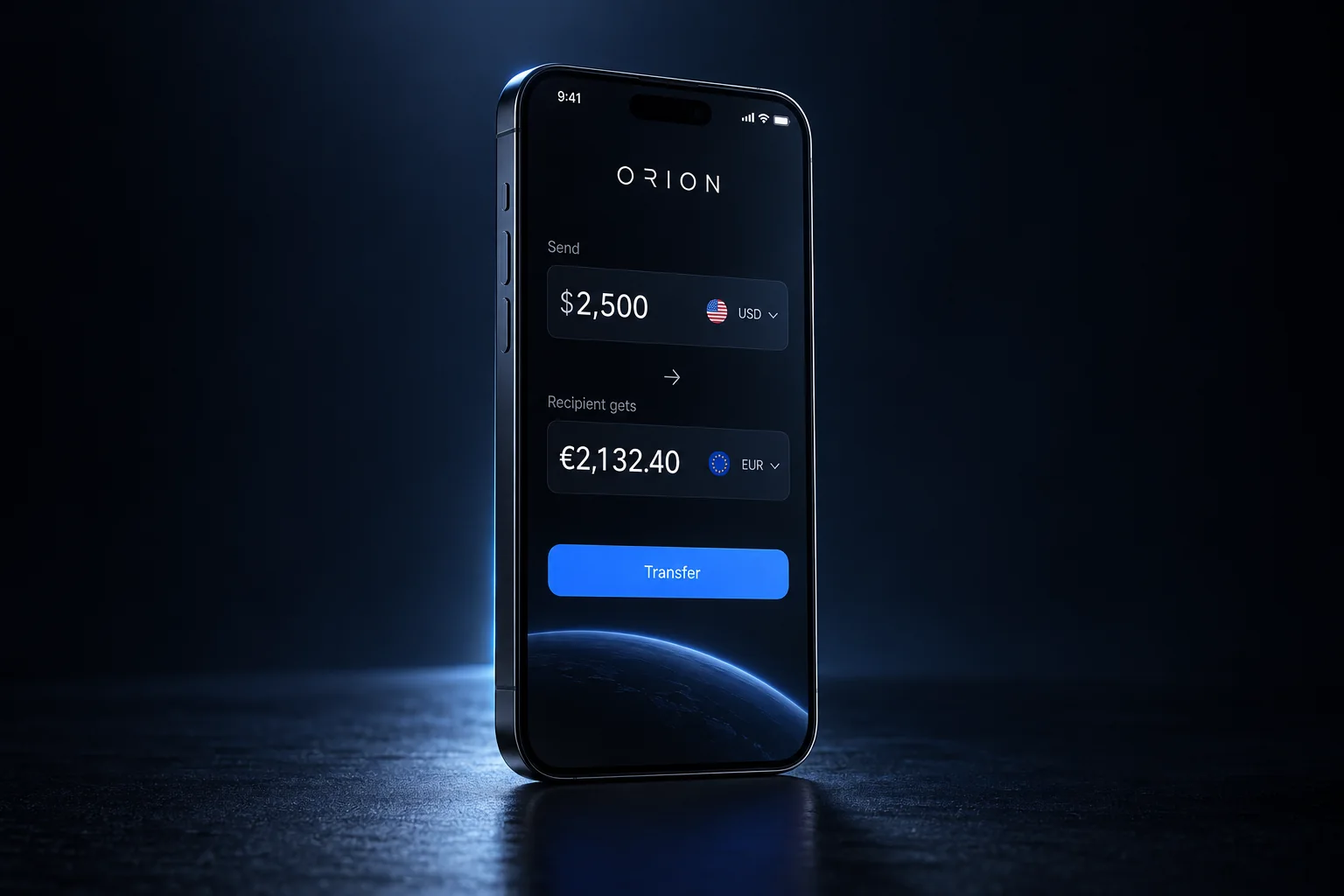 Smartphone ORION mostrando uma transferência de dólares para euros