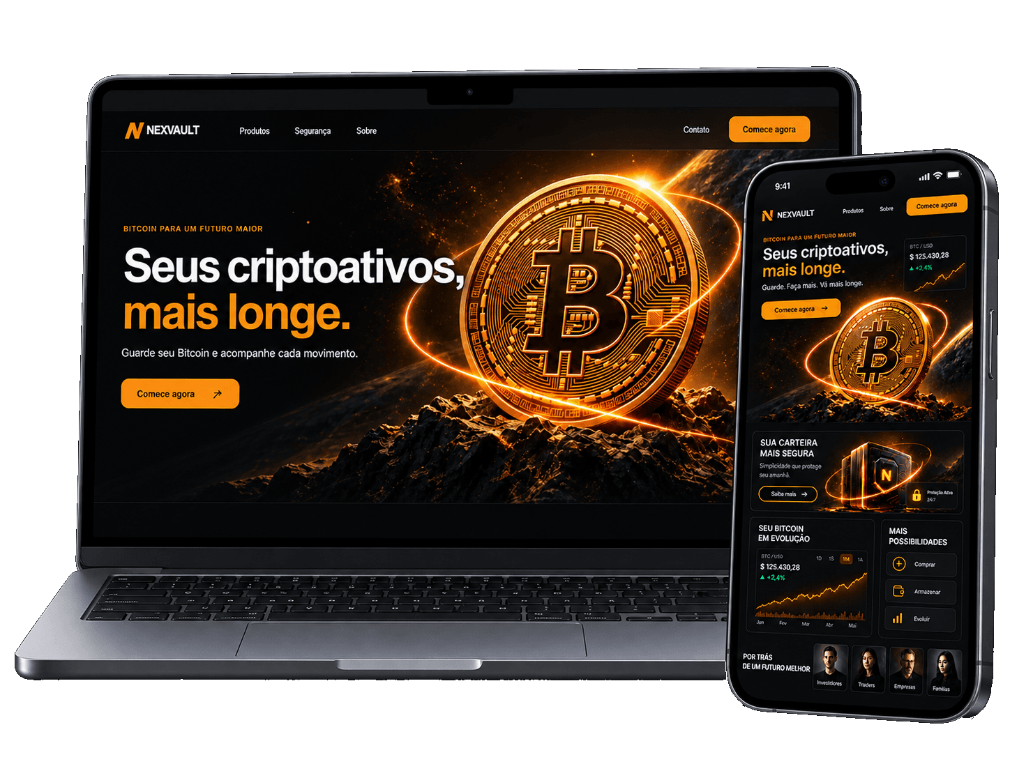 Projeto Nexvault apresentado em notebook e celular
