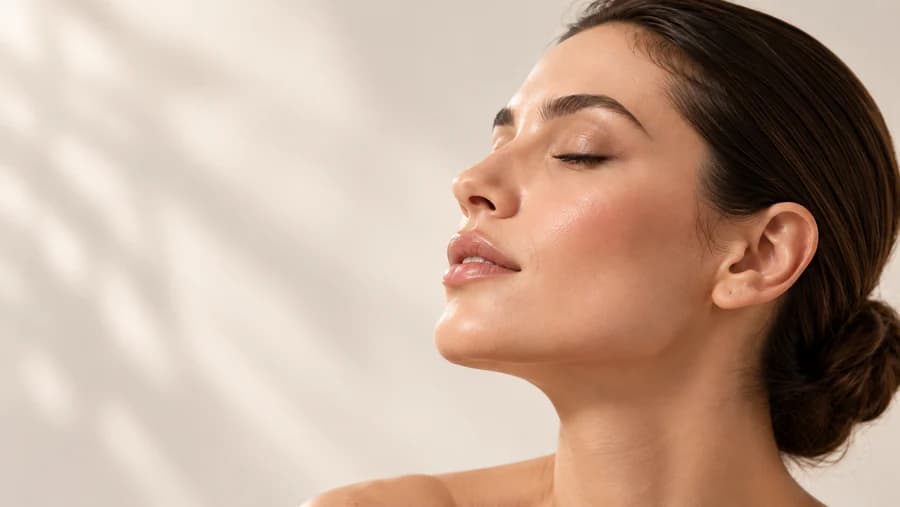 Rosto feminino em perfil com pele natural e iluminada