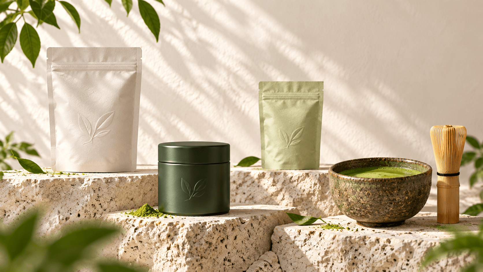 Coleção com pouches de matcha, lata, bowl e chasen