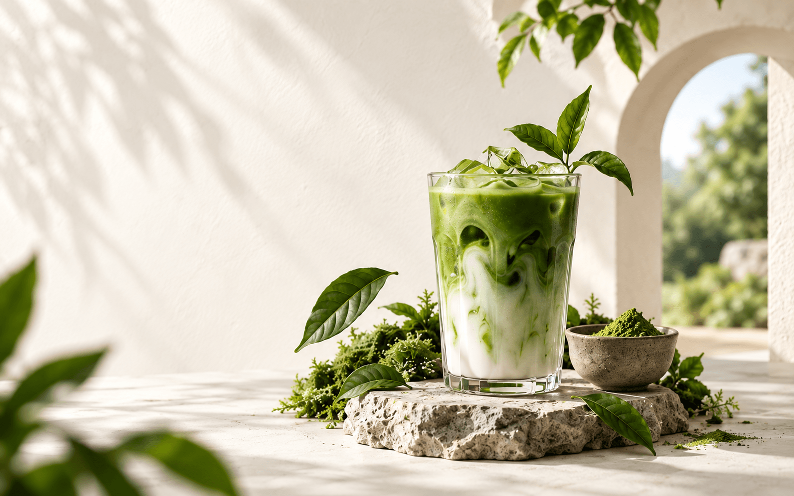 Copo de matcha gelado sobre pedra clara, cercado por folhas
