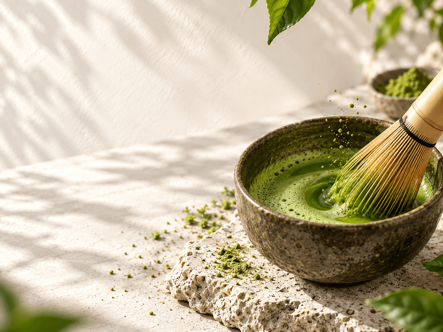 Matcha sendo preparado em bowl de cerâmica com chasen