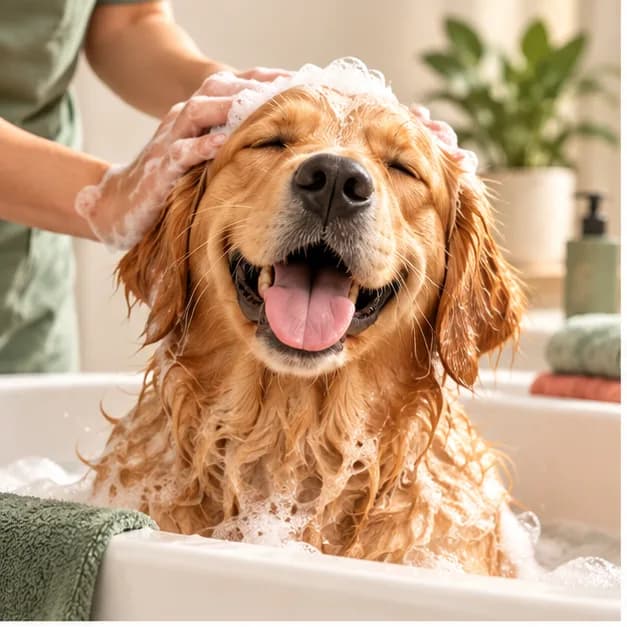 Golden retriever recebendo banho com cuidado