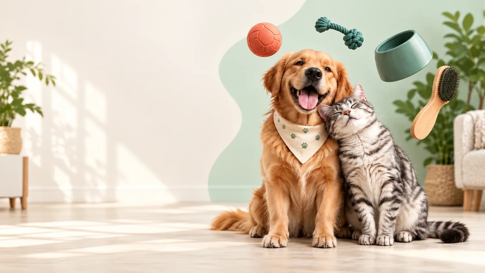 Golden retriever e gato juntos com produtos Patiô