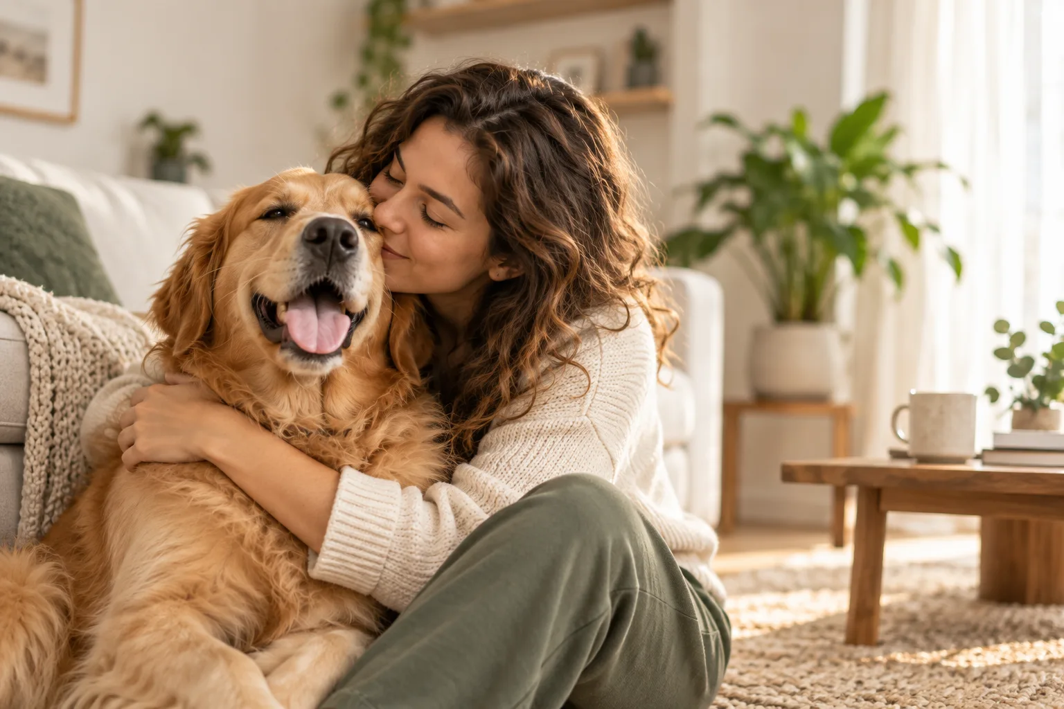 Tutora abraçando seu golden retriever em casa