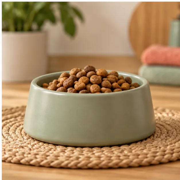 Comedouro verde com alimento selecionado