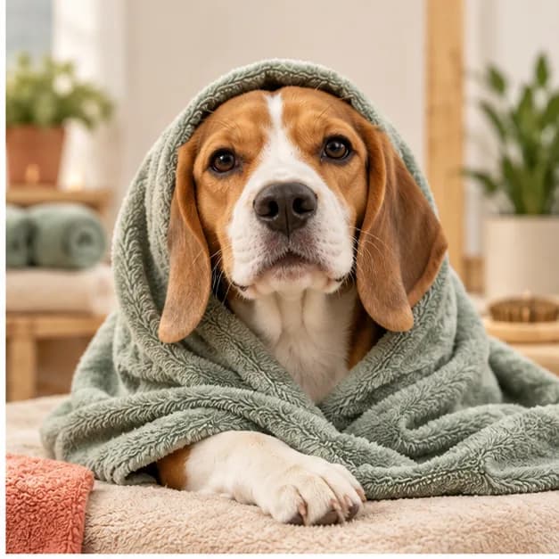 Beagle envolvido em toalha macia após o cuidado