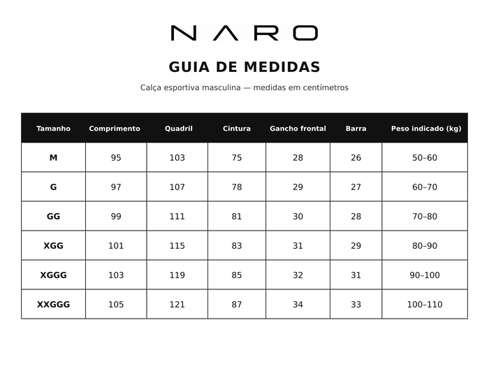 Guia de medidas da calça esportiva masculina NARO com logo oficial