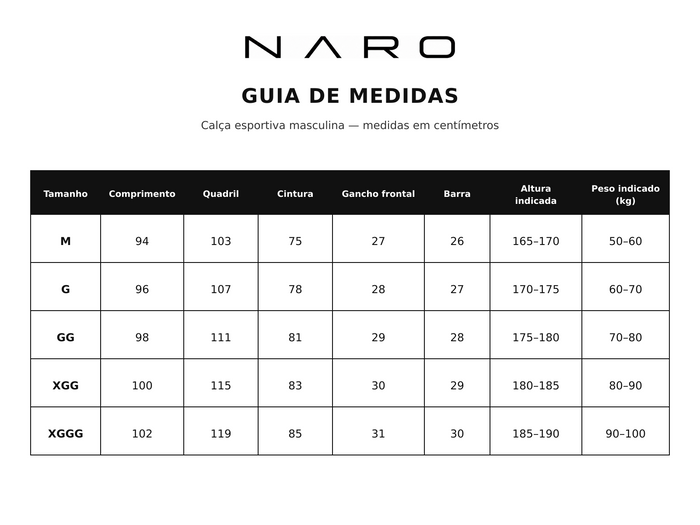 Guia de medidas da calça fitness masculina NARO
