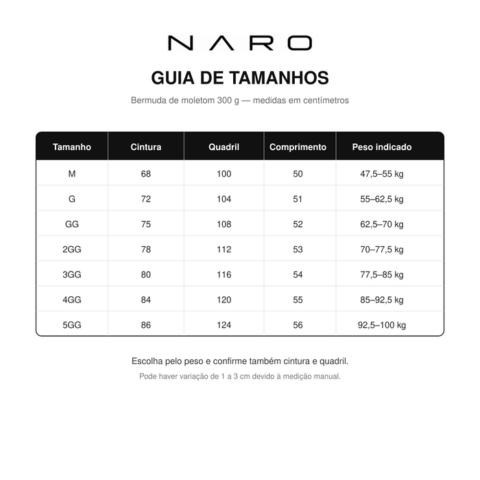 Guia de tamanhos da bermuda NARO 300 g