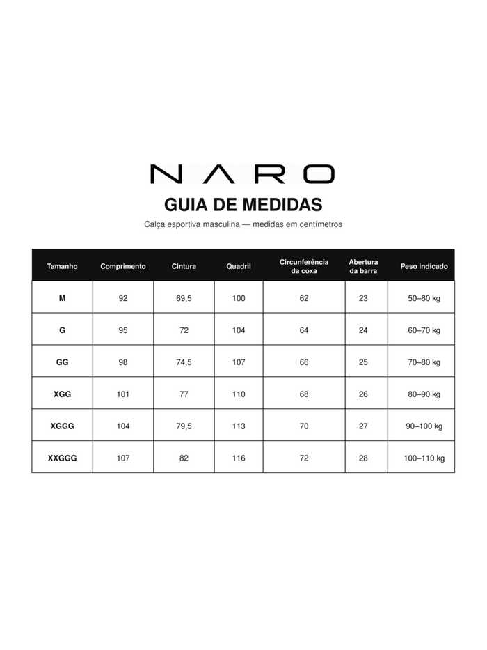 Guia de medidas da calça esportiva masculina NARO