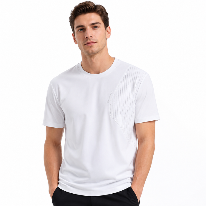 Camiseta masculina NARO branca com painel texturizado vista frontal