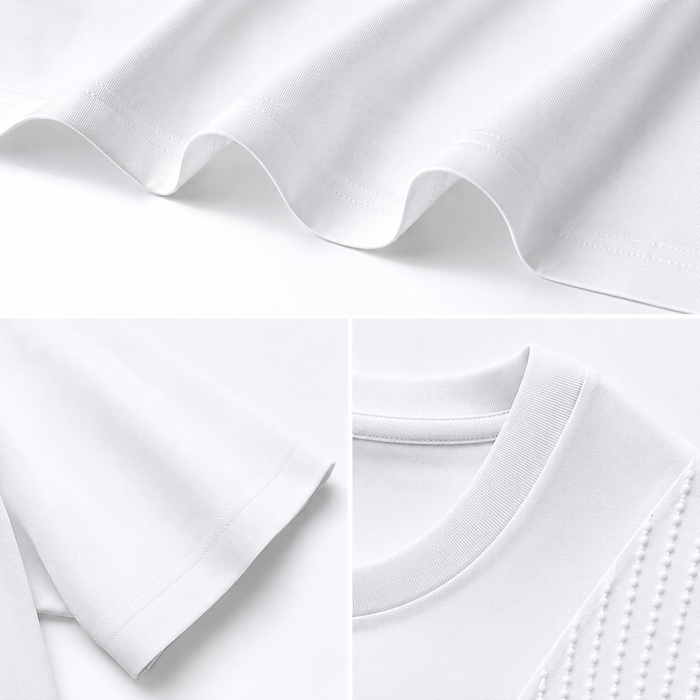 Detalhes de acabamento, manga, barra e gola da camiseta NARO