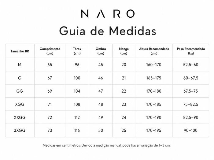 Guia de medidas em português da camiseta masculina NARO