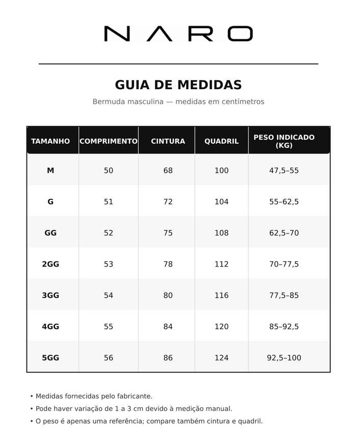 Guia de medidas NARO para bermuda masculina