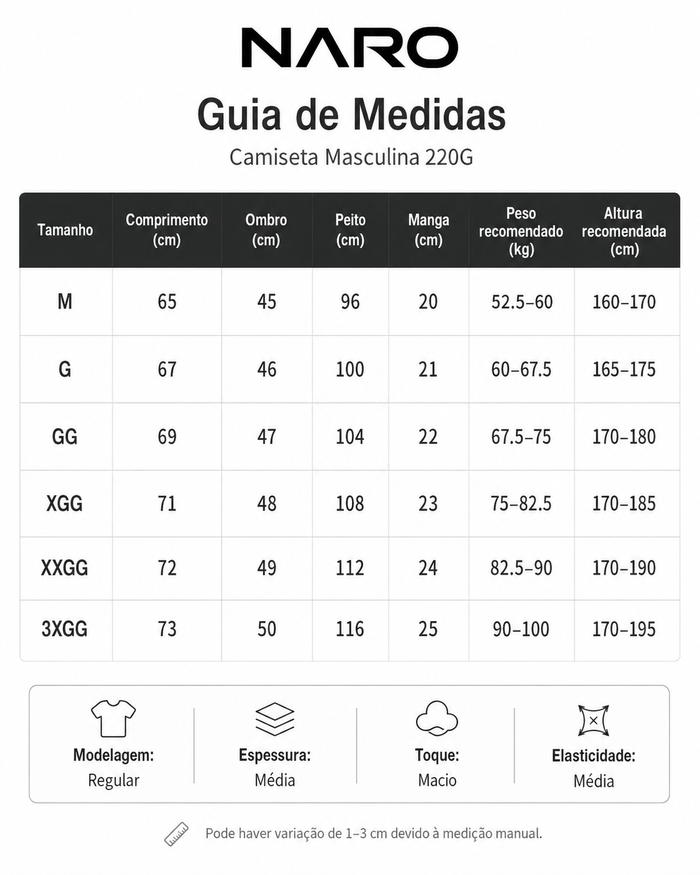 Guia de medidas da camiseta masculina NARO 220G