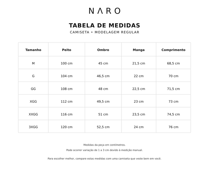 Tabela de medidas brasileira NARO - camiseta regular
