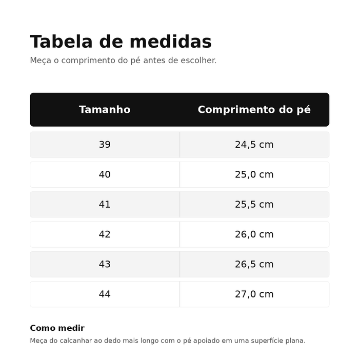 Tabela de medidas do tênis masculino