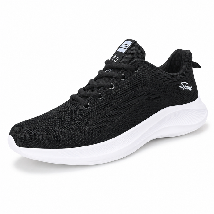 Tênis masculino preto e branco em malha knit