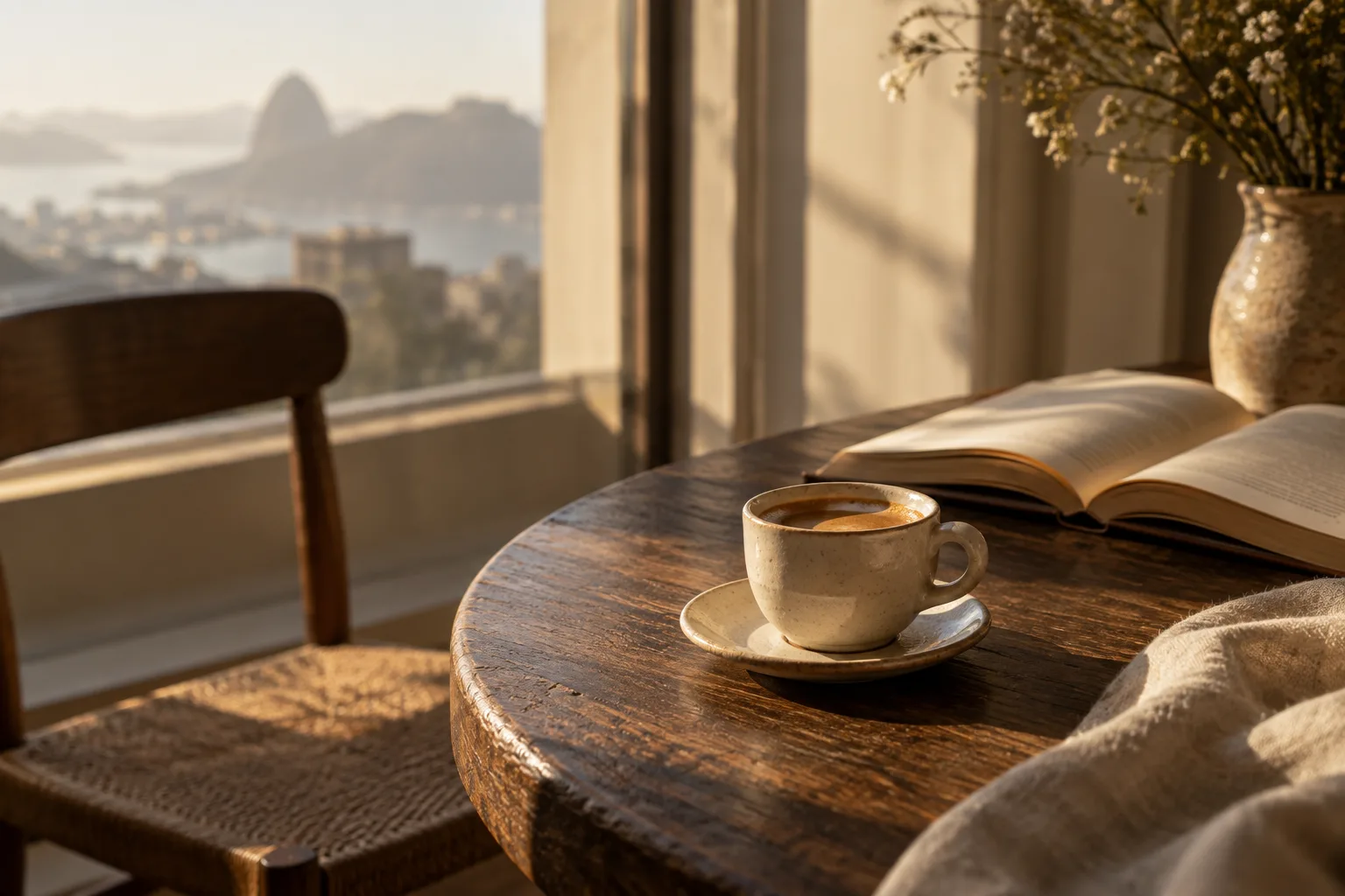 Mesa de manhã com café, livro e luz natural